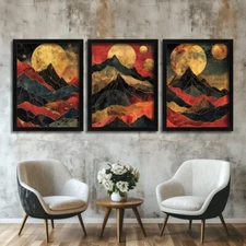Set of 3 Abstract Red Gold Mountains Moon Wall Prints Abstract Home Art Pictures
