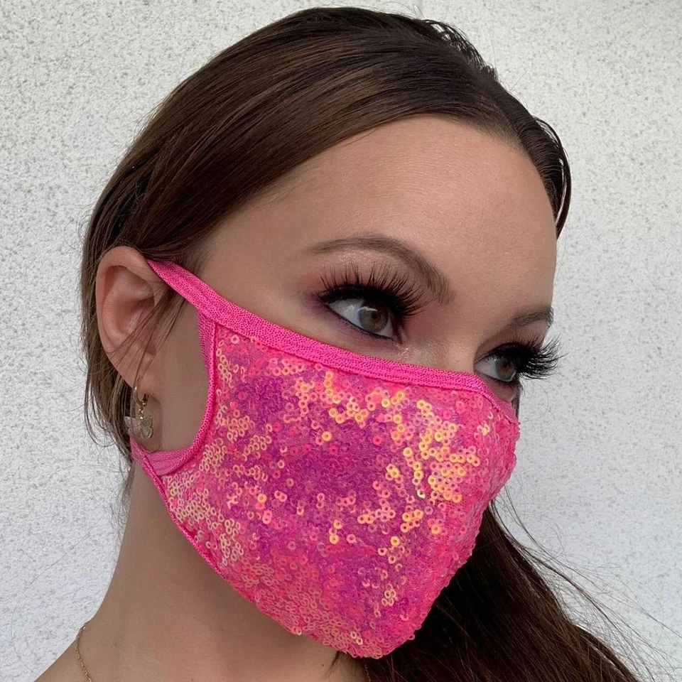 Máscara facial de lentejuelas rosa intenso correas elásticas iridiscente metálico brillante M112 Foto 2 de 2