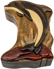 Leaping Dolphin - Wood Intarsia Puzzle Box - Handcrafted with Secret Compartment