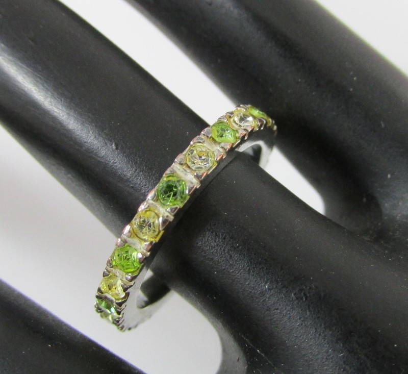 Vintage Silvertone & Rhinestone Clear Green Yellow Eternity Tennis Ring