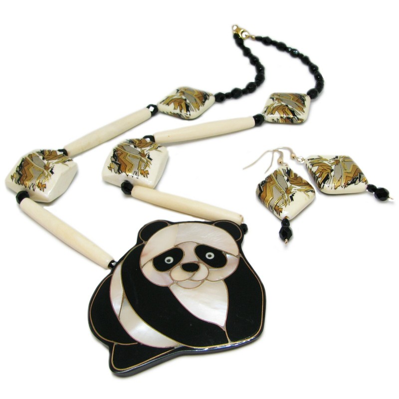 Reclaimed Treasures--Inlay Shell Panda Necklace Set By SoniaMcD