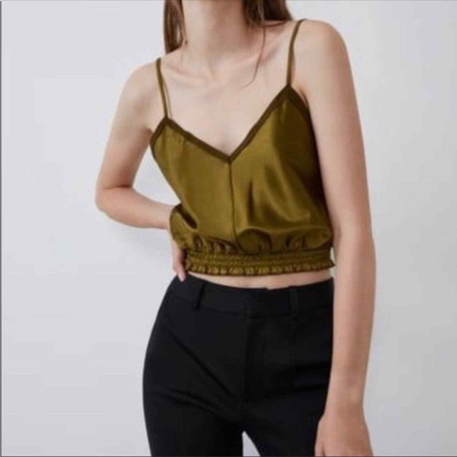 NWT Zara Sage Green Satin Crop Top V neck Elastic Waist Contrast Trim Sz  Medium | eBay