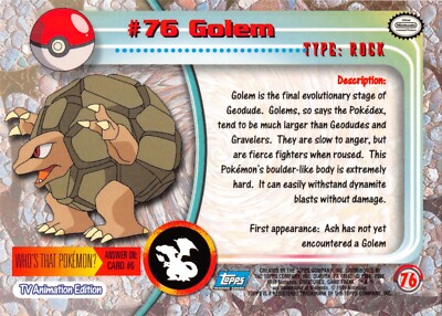 GOLEM #76 - BLUE Logo - NON-HOLO - SERIES 1 - TOPPS Pokemon Card - NM/LP