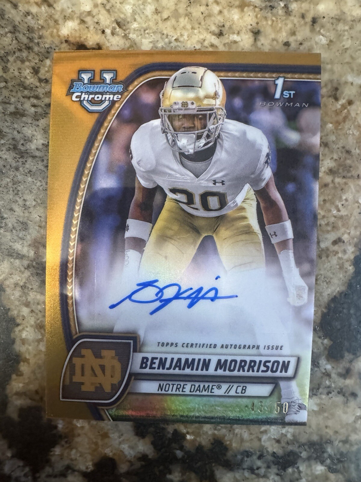 2024 Bowman Chrome University Benjamin Morrison 1st Gold Refractor Auto /50