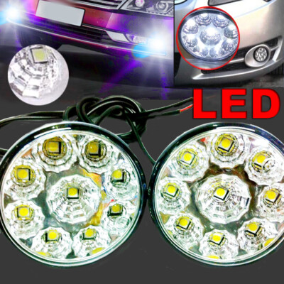 2X 9 LED Round Bright White Car DRL Daytime Running Lights Fog Lamps Arc Mount