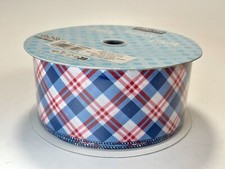 Kirkland Signature Wired-Edged Ribbon Blue Red Plaid 50 Yard NEW