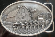 Vintage 1984 Berfamot Brass Works Pewter Farming Belt Buckle T 149 Made In USA
