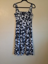 Loft Navy Floral A-Line Sleeveless Dress Size 2, Midi Stretch Fabric 