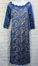 Handmade Midi Shift Dress Blue Lace Cream Size 8 Long 3/4 Sleeve Party Occasion