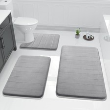 Memory Foam Bath Mat Set - 3 Pieces Non-Slip Quick Dry Rugs, Gray
