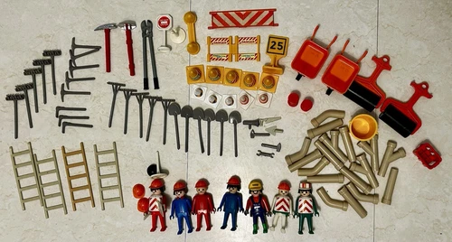 Vtg Lot Of 90+ Playmobil Construction Toys: People, Wheelbarrows Ladders Tools