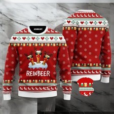 Funny Reindeer Reinbeer Red Ugly Christmas Sweater Beer Lover Top Xmas