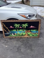 VTG Mexican Sunset Sombrero Pedro Beach Tropical Scene Painted Velvet 27 X 48