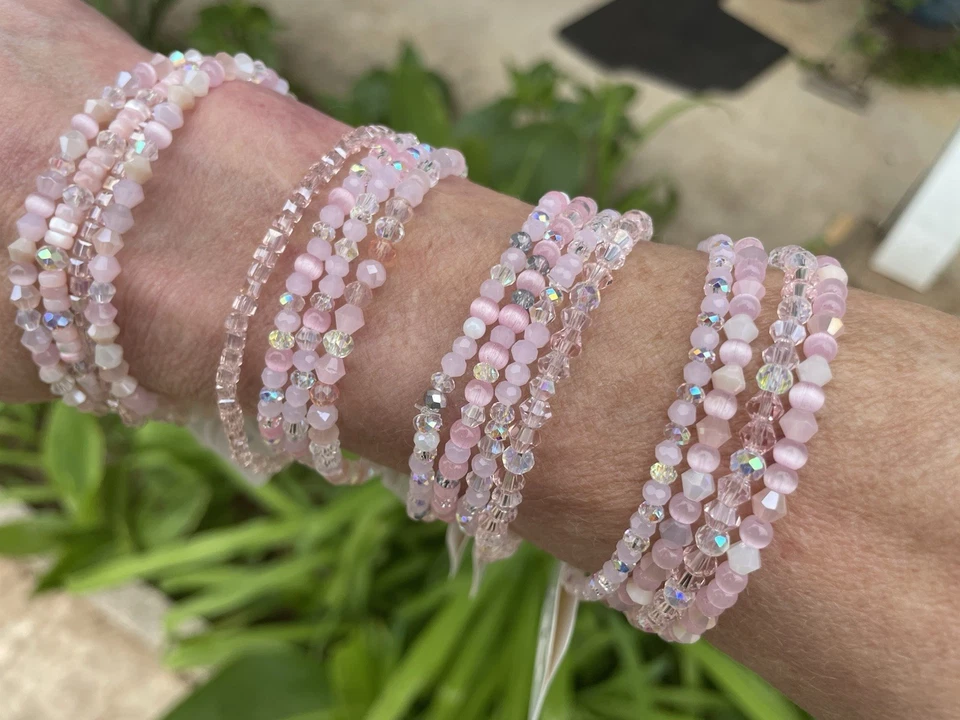 Set Of 5 Rose Quartz Czech Crystal & Glass Pink Beaded Stretch  Bracelets+1 Free - Image 2 of 4