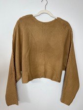 Asymmetrical Tan Long Sleeve Oversized Sweater Crop Back