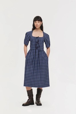 ALIGNE Harper Check Dress Blue Plaid Puff Sleeve Lace Up Midi UK 18 US 14 Cotton