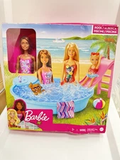 Barbie Pool Playset 11" Brown Doll Pool Waterslide Drinks & Towel 2019 Mattel