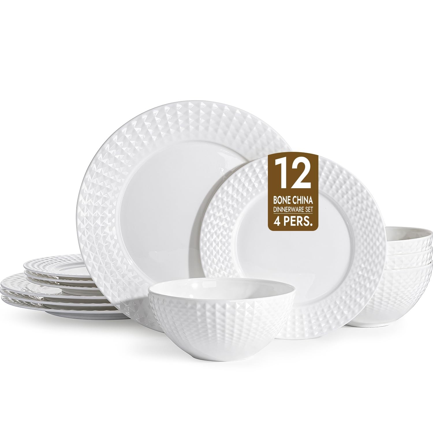 KINGSTONE Bone China Dinnerware Set, 12-Piece Service for 4-12Pcs, White 