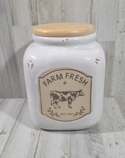 Rustic Farm Fresh Cow Square Earthenware Canister/Cookie Jar White w/Wooden Lid
