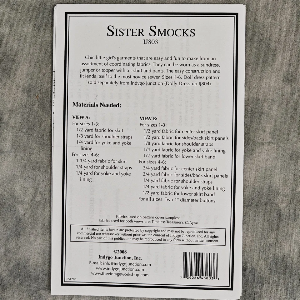 Indygo Junction IJ803 Sister Smocks Girls Dress/Jumper Sewing Pattern Sizes 1-6 - Image 3 of 3
