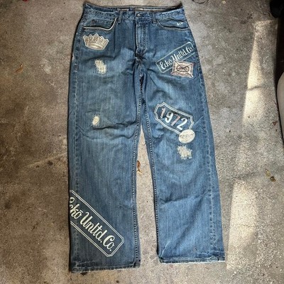 Ecko Unltd. distressed baggy jeans w logo graphics and patchwork Sz 35x31