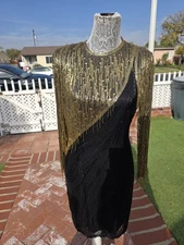 ☆RARE☆ VINTAGE OLEG CASSINI BLACK TIE BEADED FRINGE silk Cocktail Dress, Sz 8