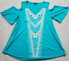 Signature Studio Blouse Top Womens Large Green Embroidered Cold Shoulder Sleeve