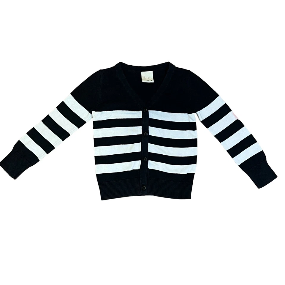 Cardigã feminino suéter tamanho 4 preto branco listras rosa coração Sonoma botão para cima - Imagem 2 de 4