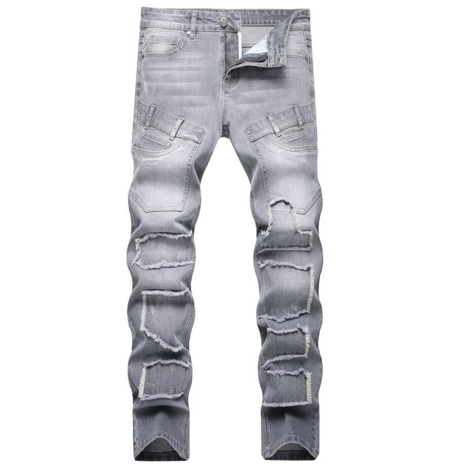 【oan】Gray washing denim pants Men's Gray Denim Jeans Stretch Straight Leg Casual Pants