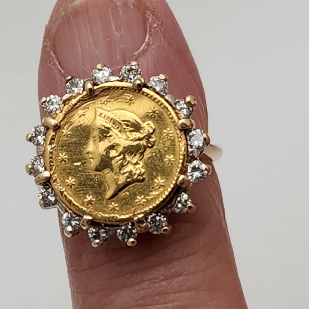14kt Yellow Gold & Diamond ring with 1849 US $1.00 type 1 gold