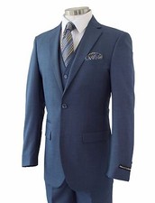 Men's Medium Blue Sharkskin 3pc 2 Button Slim-Fit Suit w/ Matching Vest NEW