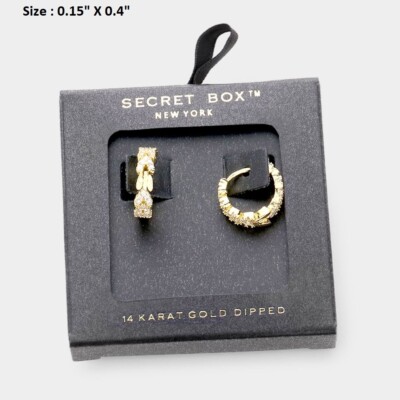 Crystal Earrings 14k Kt Gold Dipped Hoop Circle Open Secret Box