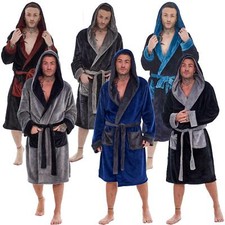 Mens Super Soft Flannel Fleece Luxury Contrast Hooded Robe Gown S M L XL
