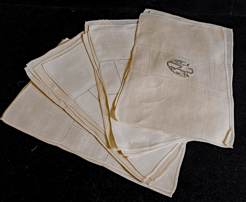 12 Vintage antike Leinen Cocktail Servietten mit Hohlsaum & Monogramm A012 - Bild 2 von 3