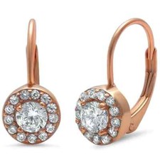 Halo Rose Gold Plated Cz Solitaire .925 Sterling Silver Earrings