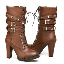 Womens Combat Buckle Lace up Motorcycle High Cuban Heel Ankle Boots Rivet Plus