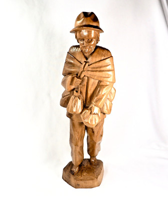 Folk Art Hand-Carved Wooden Hobo Man with Bags Rustic Decor Barefoot Elderly Man
