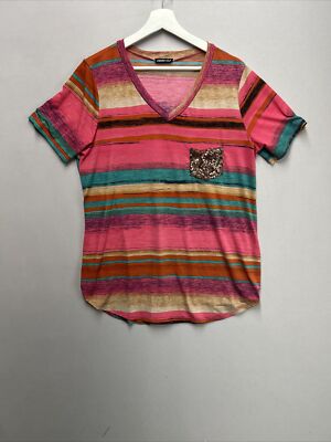 Heimish USA Top Colorful Pocket Pink Green Orange Stripes Size L Round Bottom