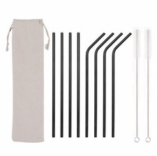 8x Premium Stainless Steel Black Reusable Straws, 2 Clean Brush, Eco Travel Bag