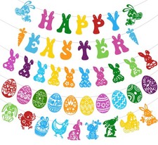 Felt Happy Easter Banner Egg Bunny Garland for Mantle Wall Indoor Outdoor Easte