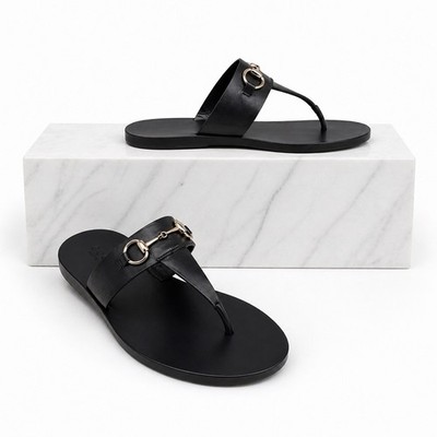 Gucci Horsebit Calf Leather Thong Sandal Slide Black Silver Women Size 37.5