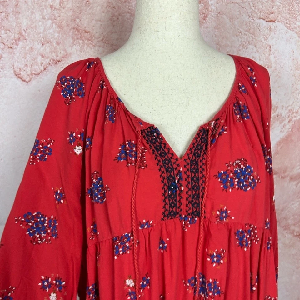 Top campesino boho bordado OLD NAVY talla XXL vaquera costera borla corbata roja Foto 3 de 4