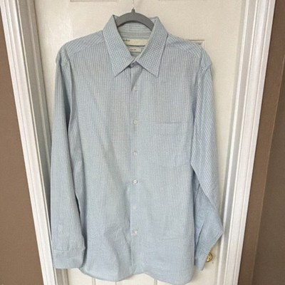 Perry Ellis City Fit Light Blue White Check Cotton Dress Shirt Men's Size L