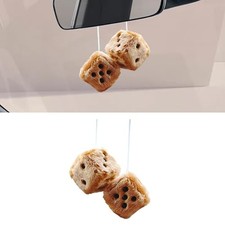 Pair Fuzzy Plush Dice for Car Mirror, 2.75'' Retro Square Car Light Brown