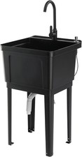 Freestanding Sink Plastic Utility Sink with Hot Cold Faucet, Iron Legs Black