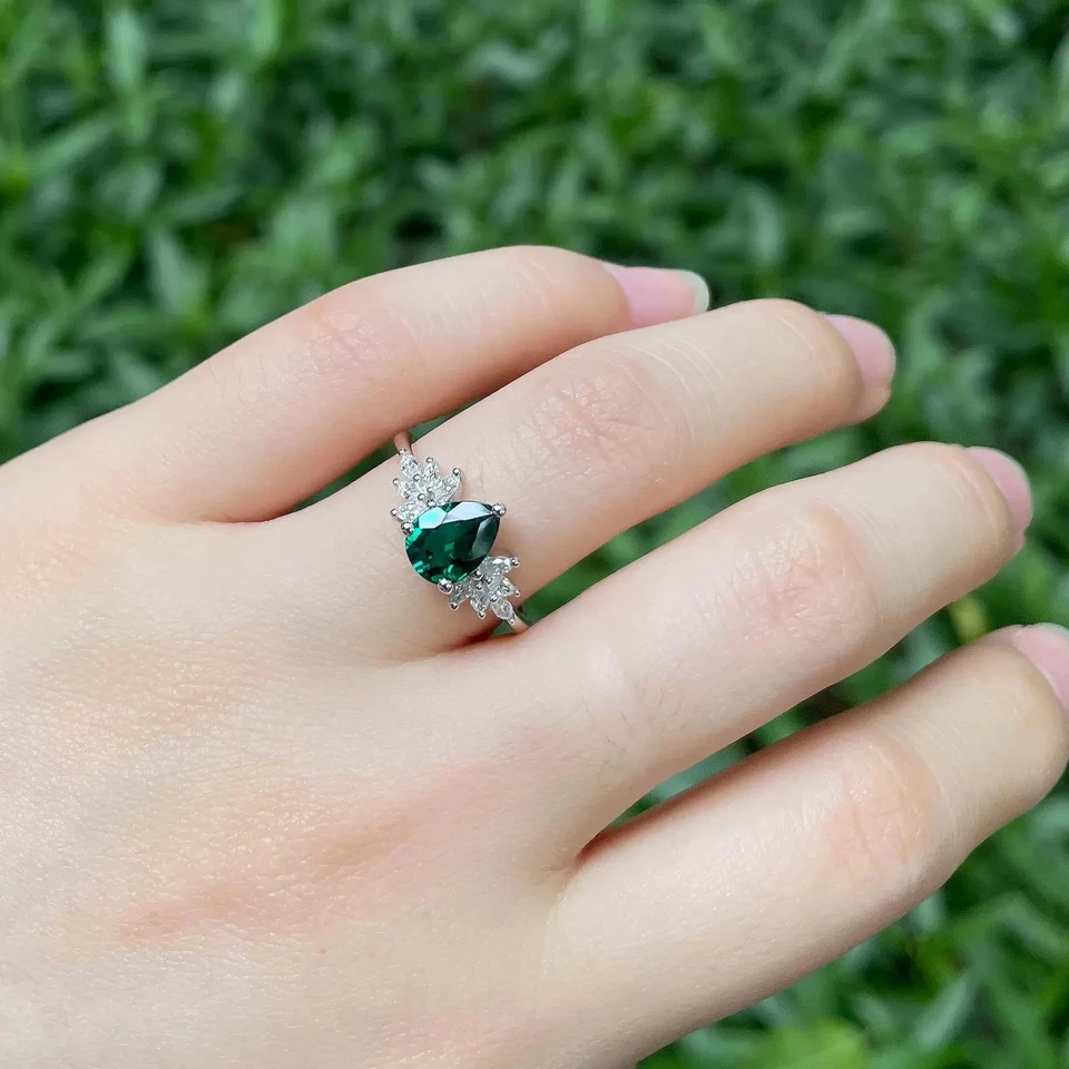 7.50Ct Natural Pear Emerald Gemstone Diamond Ring 14K Real White Gold Size 5 6 7 - Image 2 of 4