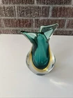 MCM Murano Art Glass Curving Aqua Golden Yellow Sommerso Vase Flavio Poli