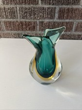 MCM Murano Art Glass Curving Aqua Golden Yellow Sommerso Vase Flavio Poli