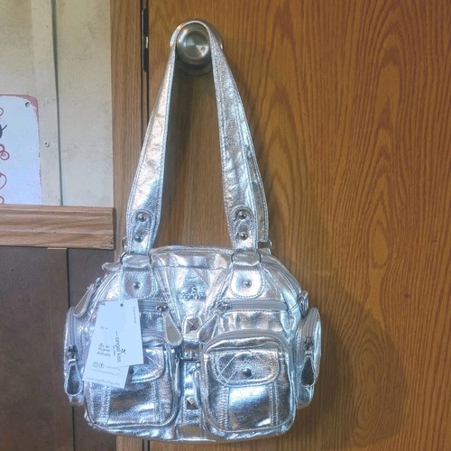 Angelkiss Metallic Silver Satchel Top Handle Bag Double Handles Zip Multi Pocket