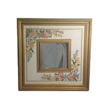 Cross Stitch Flower With Mirror Framed Frame Size Is 15 In.x 15in. Mirror Is 7x7